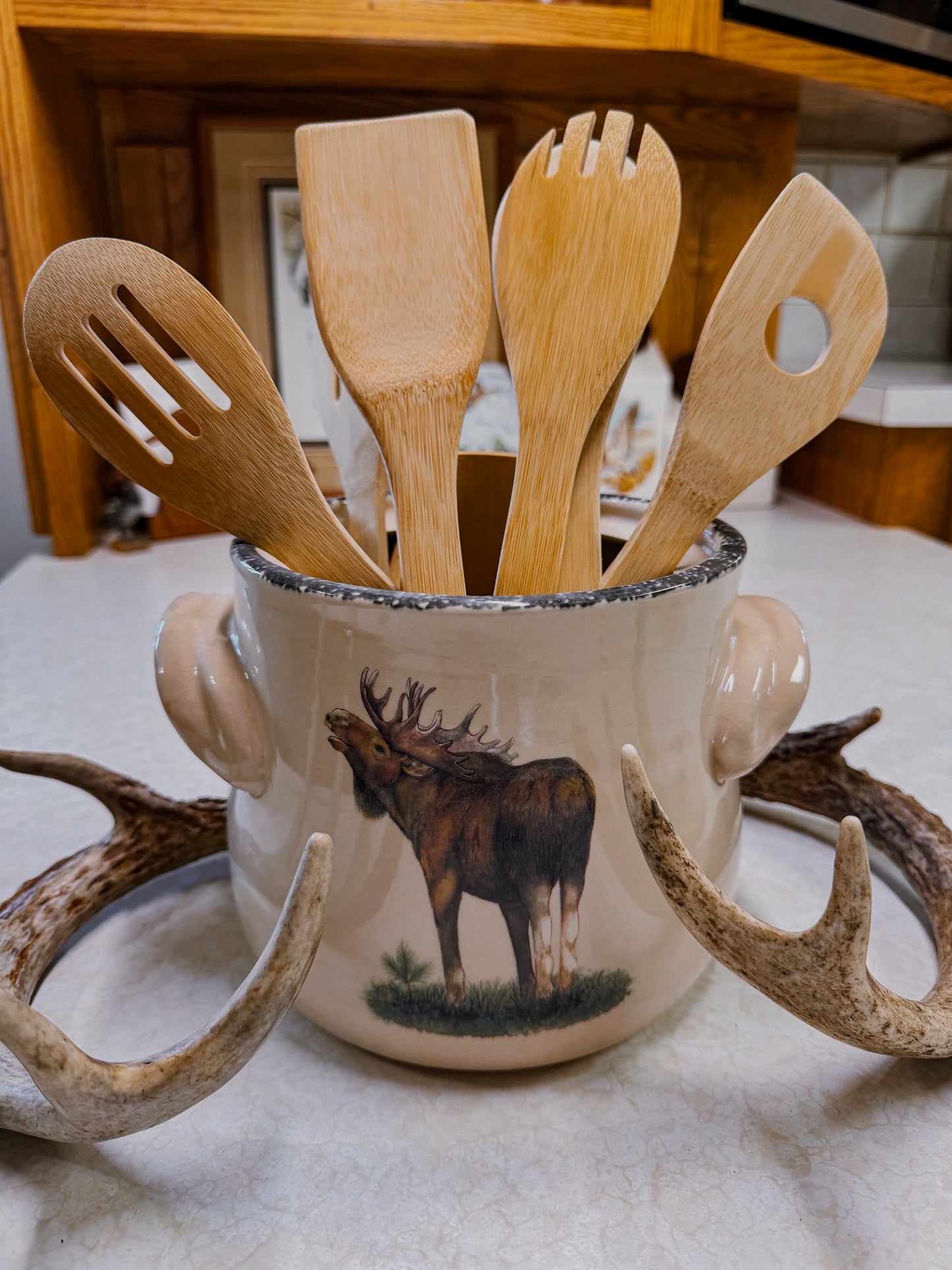 Rustic Moose Stoneware Utensil Crock with Lid