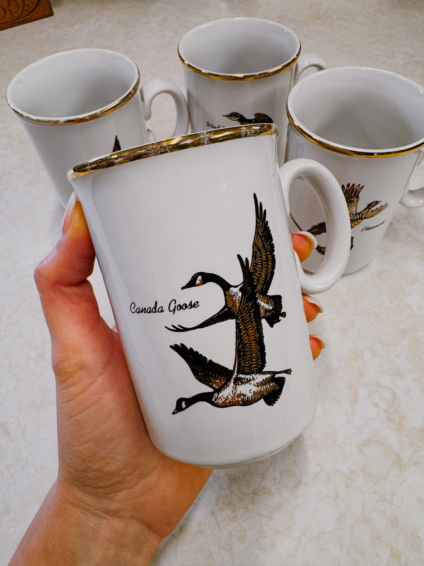 Set of Four Vintage Game Bird Gold Rim Mugs