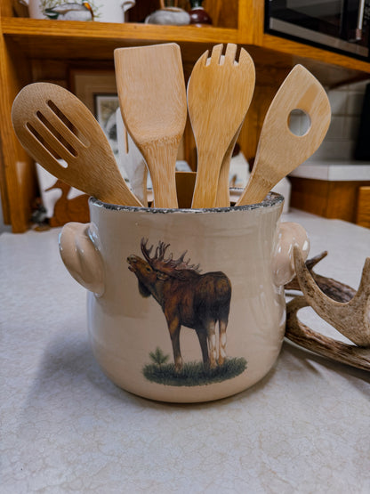 Rustic Moose Stoneware Utensil Crock with Lid