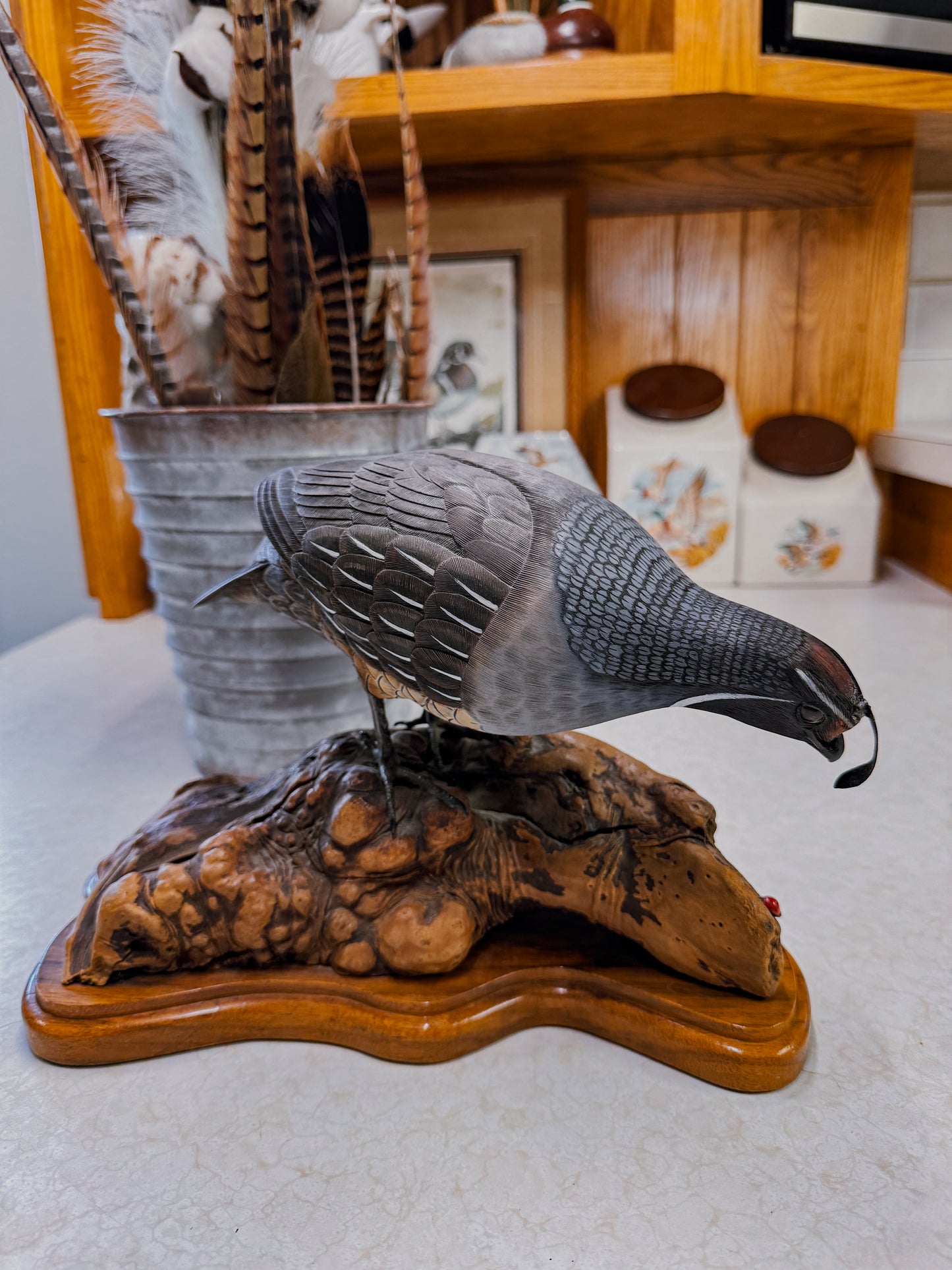 Hand Carved Quail Sculpture on Driftwood Base