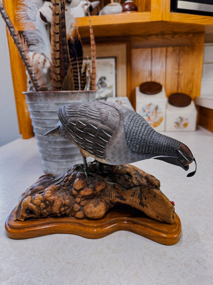 Hand Carved Quail Sculpture on Driftwood Base