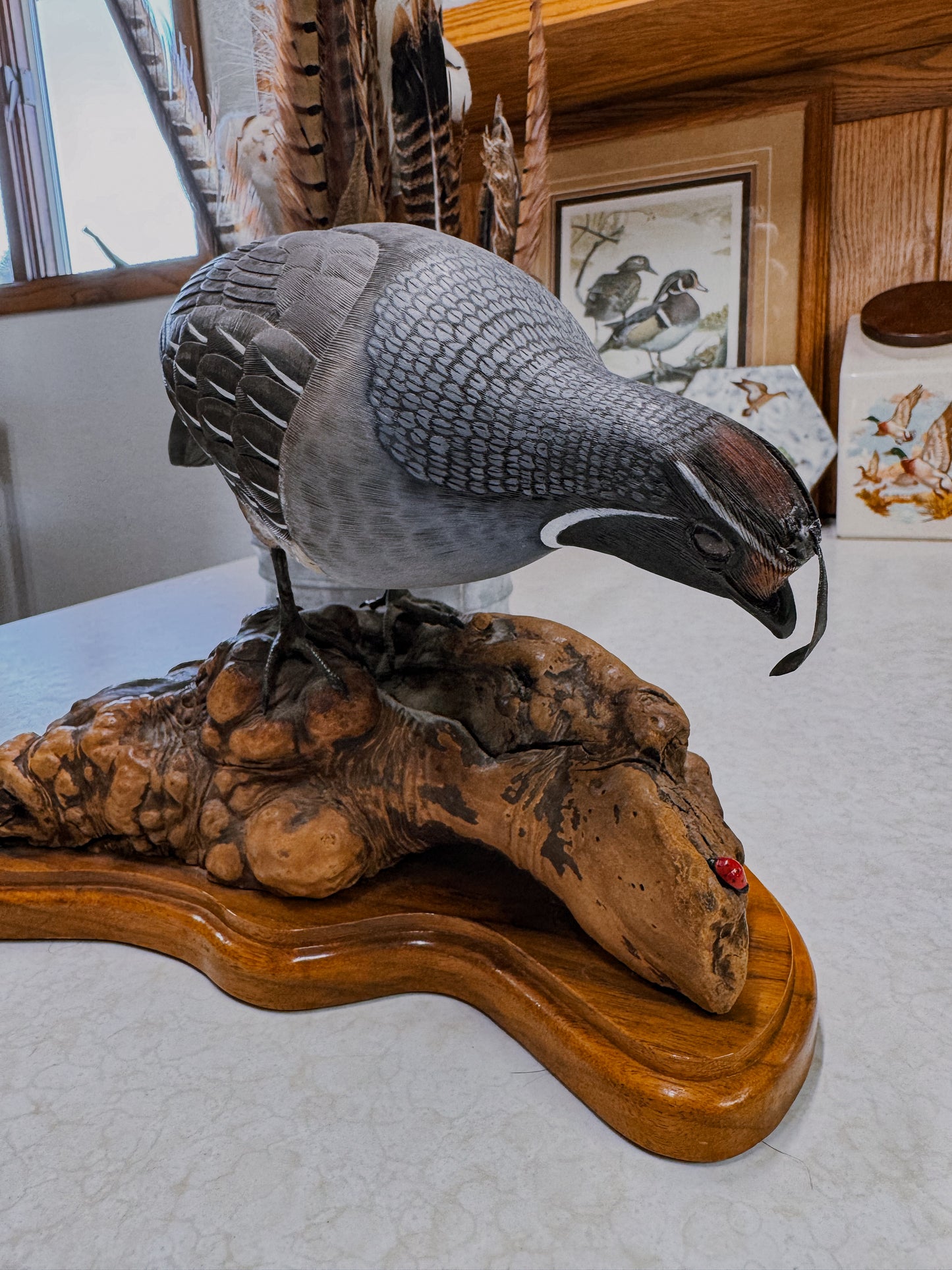 Hand Carved Quail Sculpture on Driftwood Base