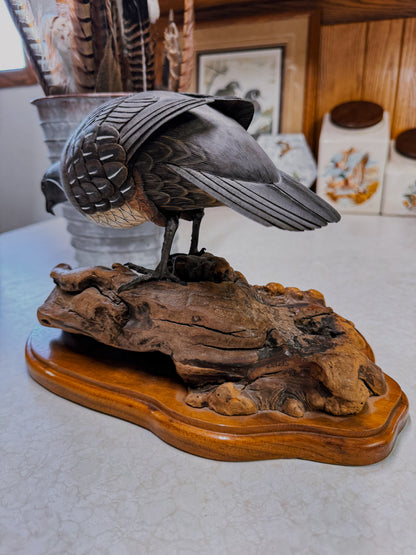 Hand Carved Quail Sculpture on Driftwood Base