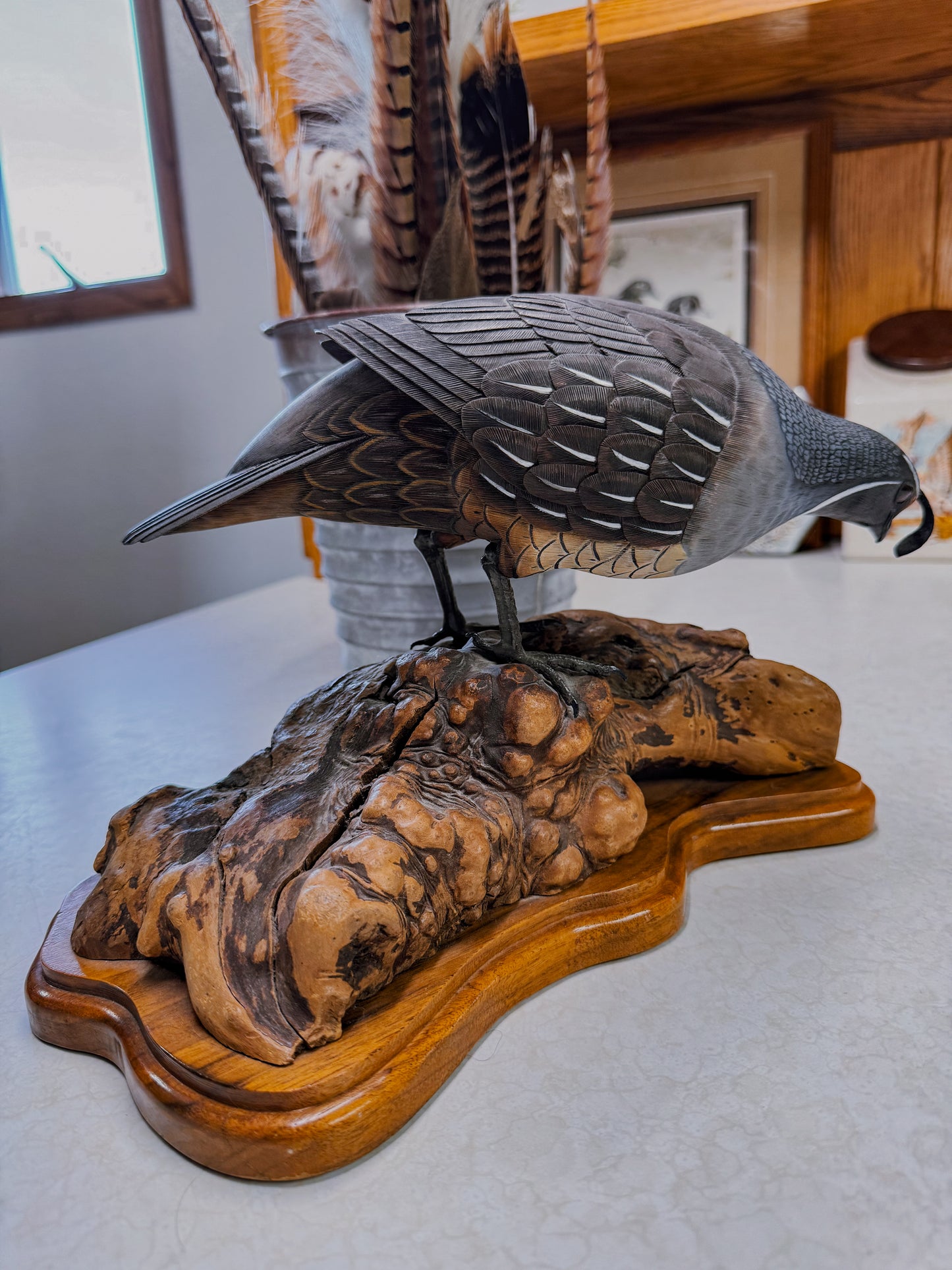 Hand Carved Quail Sculpture on Driftwood Base