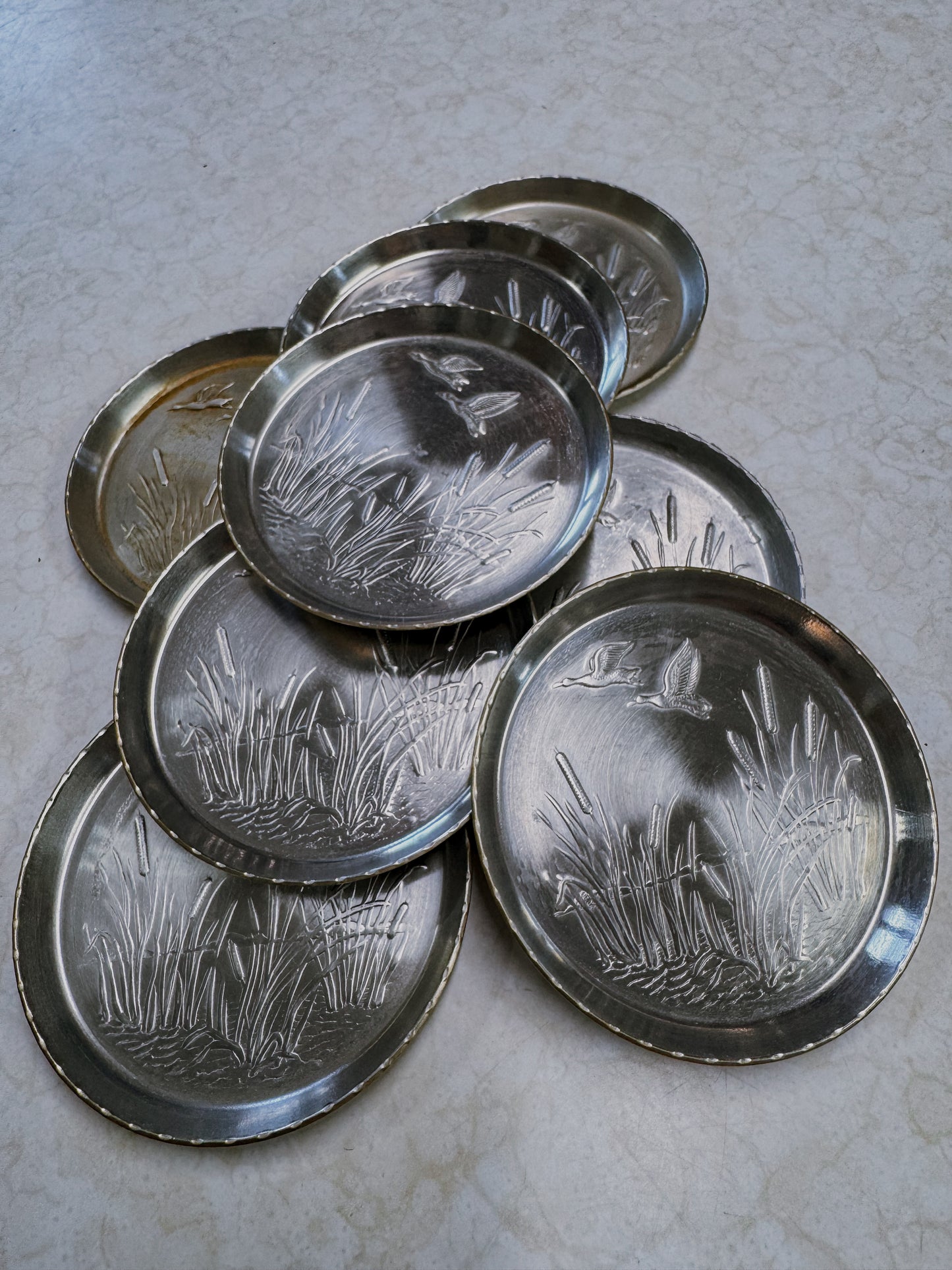 Set of Eight Vintage Pewter Waterfowl Coasters