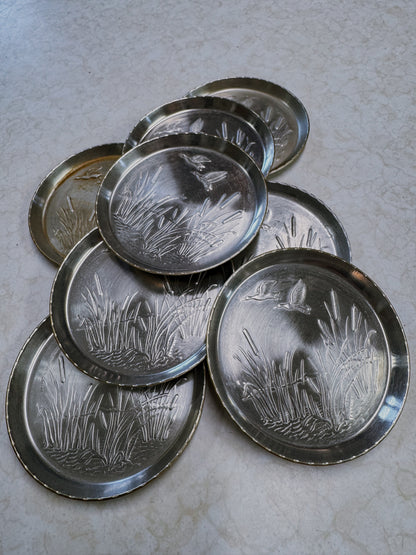 Set of Eight Vintage Pewter Waterfowl Coasters