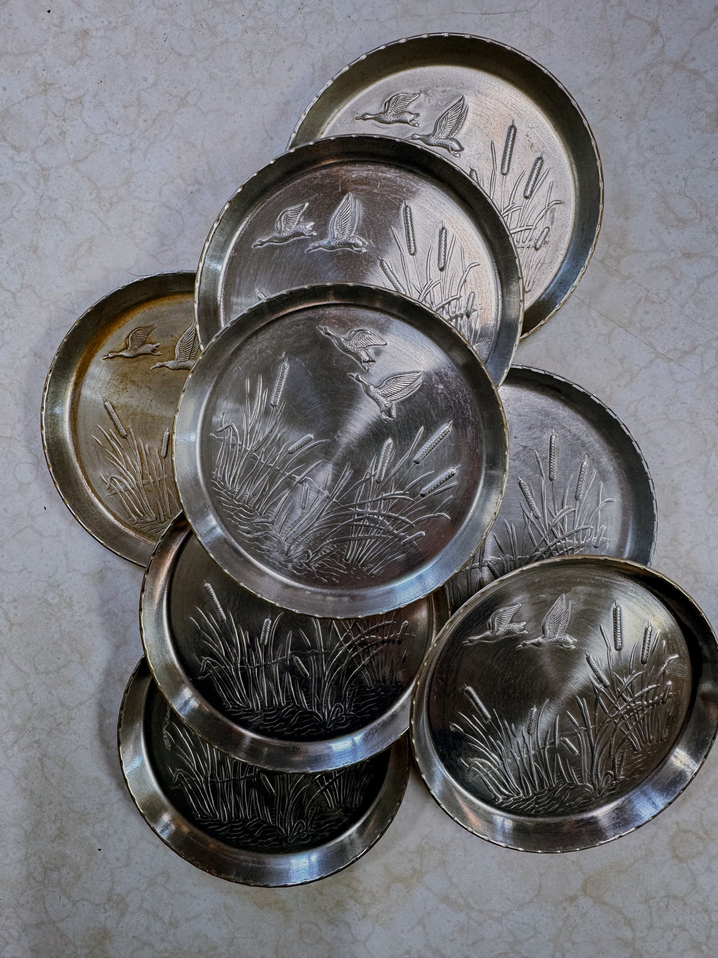 Set of Eight Vintage Pewter Waterfowl Coasters