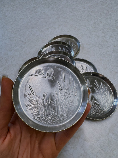 Set of Eight Vintage Pewter Waterfowl Coasters