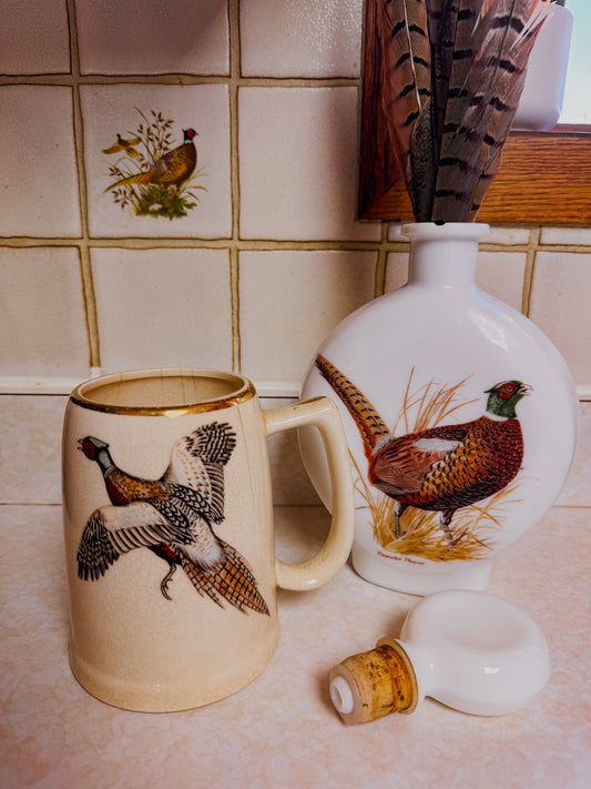 Vintage Ringneck Pheasant Decanter and Stein Set