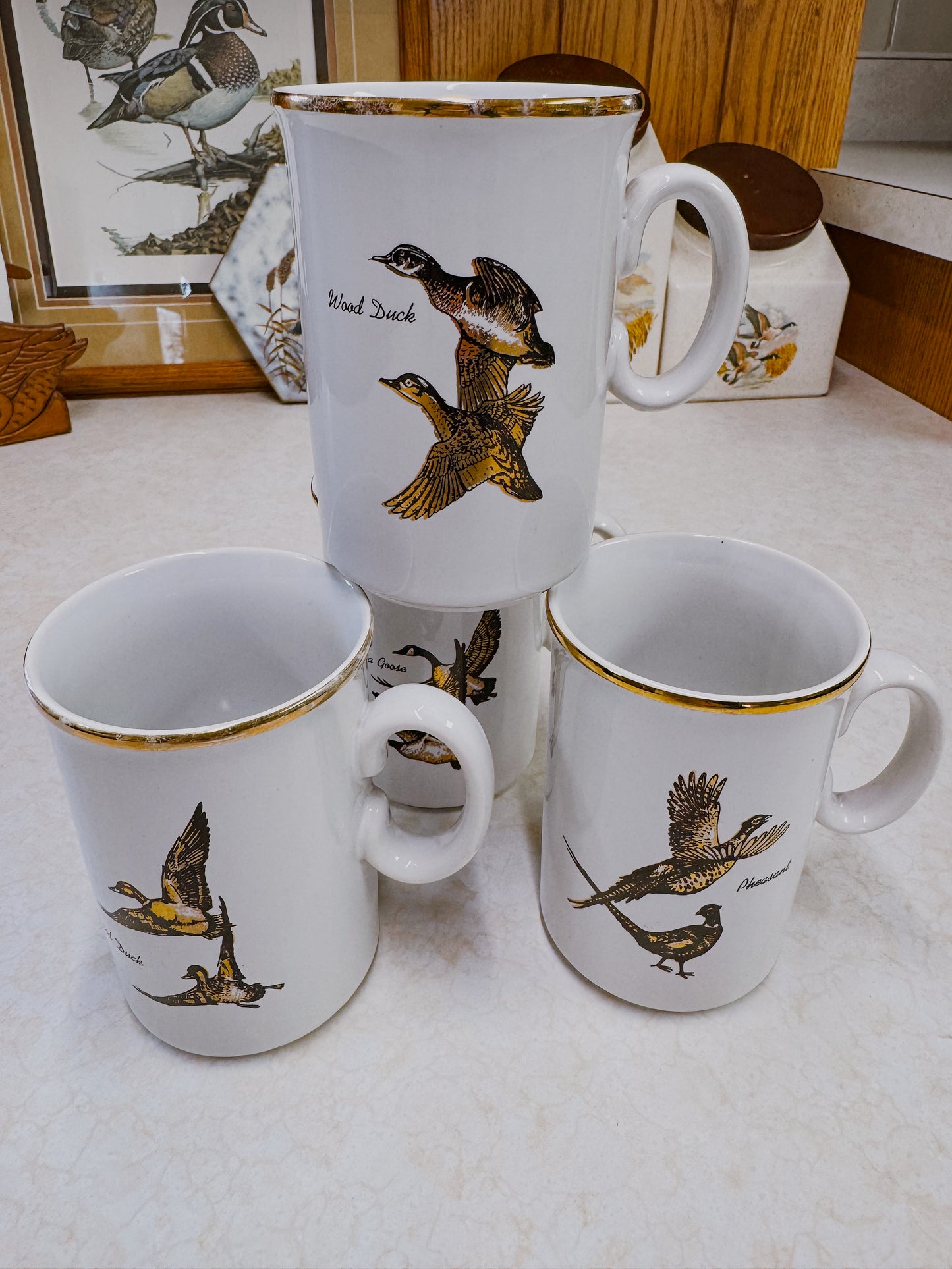 Set of Four Vintage Game Bird Gold Rim Mugs
