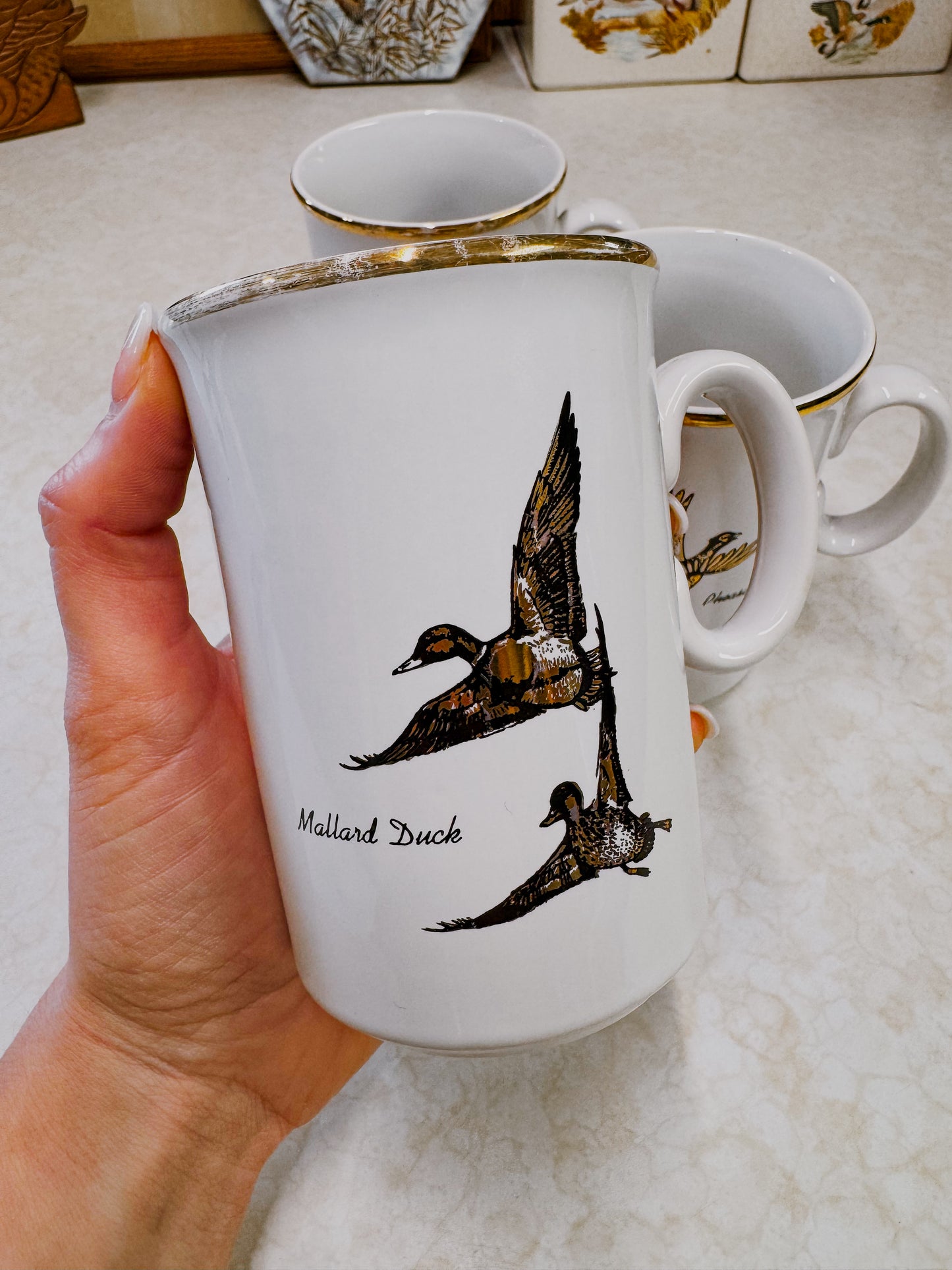 Set of Four Vintage Game Bird Gold Rim Mugs