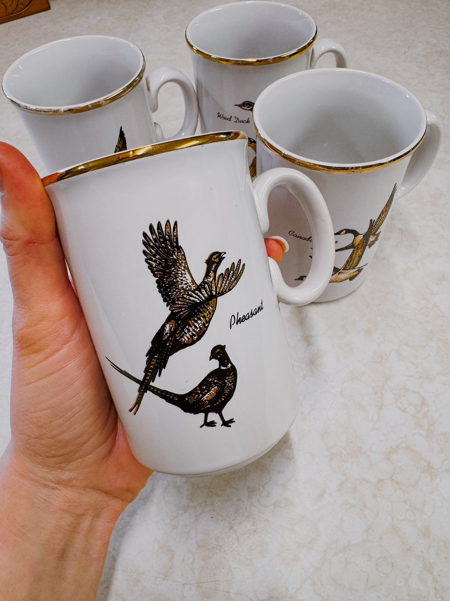 Set of Four Vintage Game Bird Gold Rim Mugs