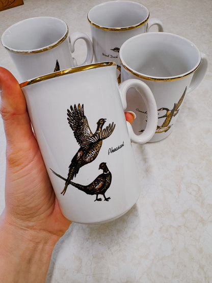Set of Four Vintage Game Bird Gold Rim Mugs